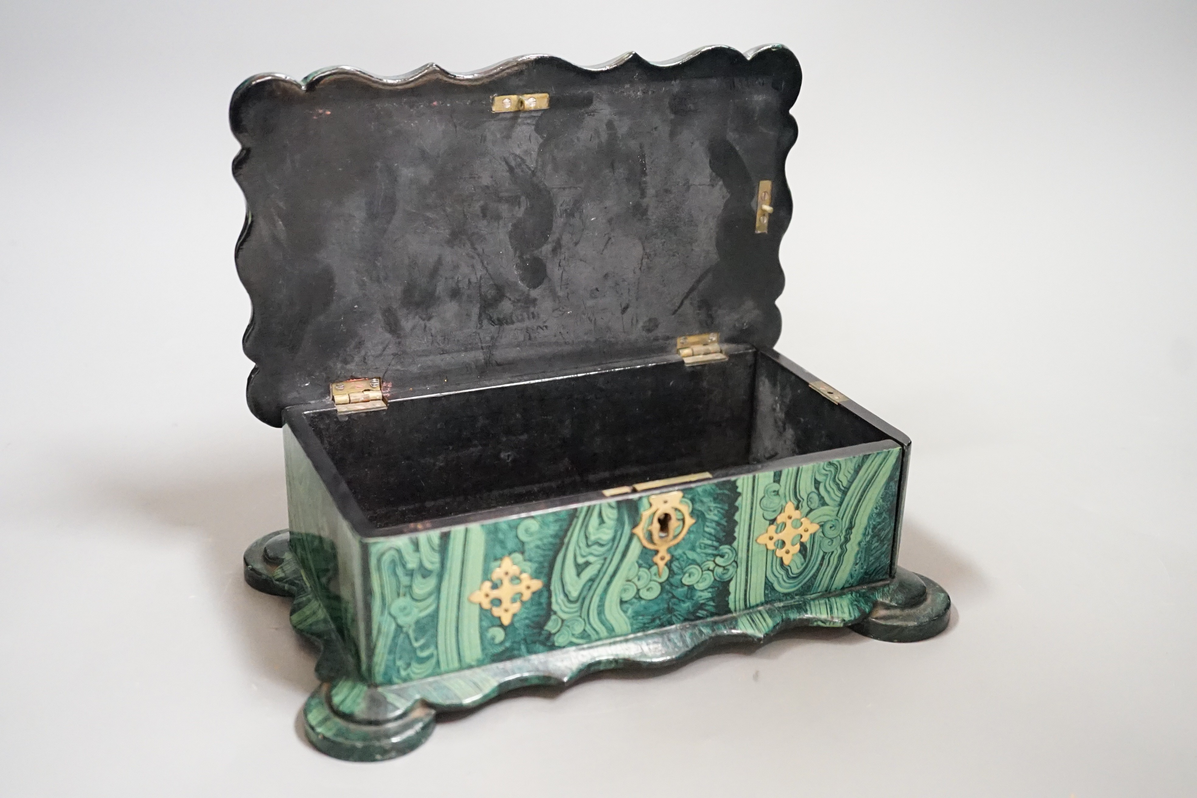A Victorian papier-mâché-mache faux malachite, brass mounted jewellery box, 21cms wide x 12.5cms deep